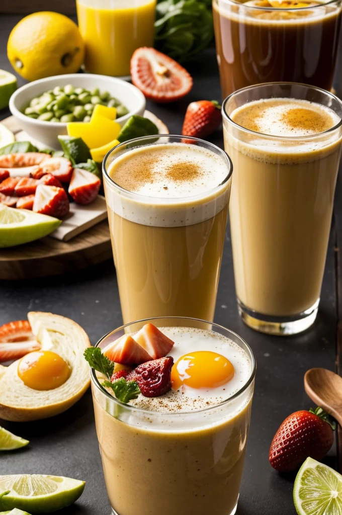 /Imagine a flyer where a morning concept is seen in the background, breakfast, day, al frente traer 3 vasos diferentes de vidrio liso donde se vean 3 estilos de licuados naturales que se entienda que es un flyer de cafetería donde promocionan los licuados como una opción saludable de energía para la mañana también como parte del breakfast