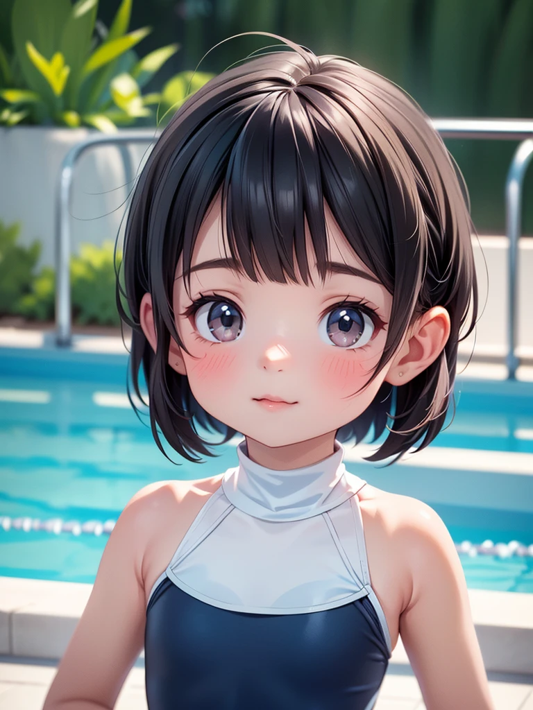 Highest quality、High resolution、Detailed Background、(Beautiful face in every detail:1.4)、Anatomically correct、(Detailed facial expressions)、(Fine grain:1.2)、age Beauty、Cute hair colour、Braided bob cut、((armpit)), Junior competitive swimmer, ((Turtleneck one-piece swimsuit)), Simple design without patterns, Clear sapphire glass swimsuit, Small breasts、Perfect body line、((Full body shot)), View your viewers, Poolside, Wet Skin, School swimming pool、 I'm tired from practice and a little sleepy., Shy laugh, Gentle smile、Hands behind the body, Fun atmosphere、Cute gestures、Shot from slightly behind