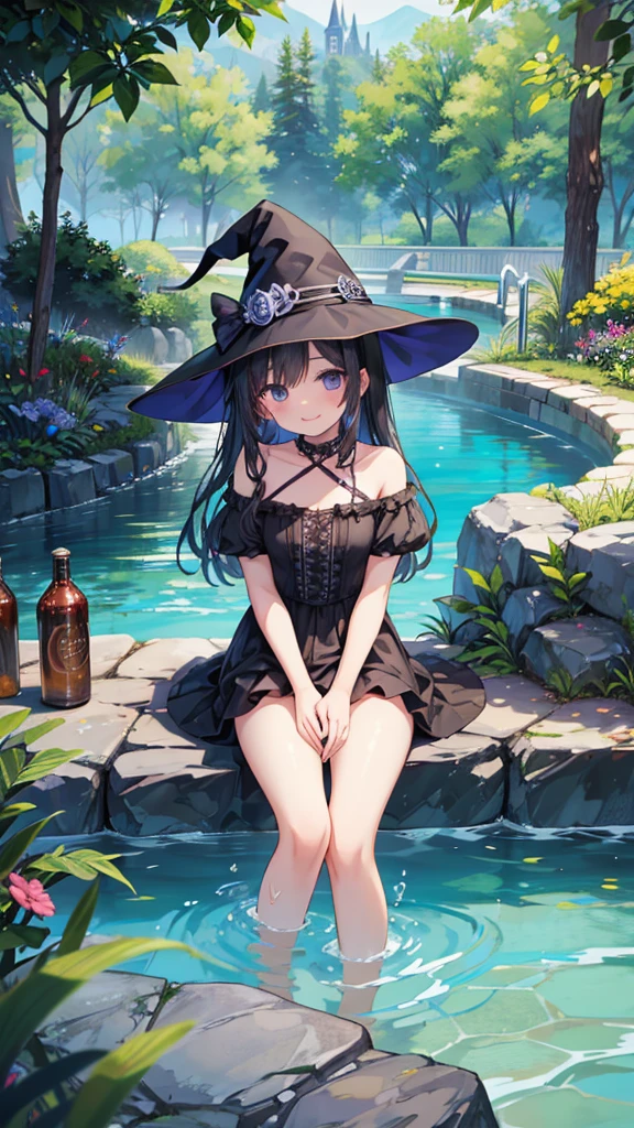 This is a hot spring deep in the mountains at midnight.、You can see the night view of Lake Suwa in the background.、Moonlight and stars reflecting on the lake、Beautiful starry sky、Two naked adult women A and B relaxing in a hot spring、A is a naked woman with white hair wearing a large black witch hat with sapphire accessories、B is a naked woman with dark brown hair wearing a large black witch hat with garnet accessories、witch's hat、blue eyes、They're naked、my々You can see their pink nipples too much、Pubic hair is visible、Beautiful nude body、Two-dimensional illustration、Japan Anime、drawn by Japanese ilastrator、high-level image quality、4K picture quality、High Quality、hight resolution、5 million pixels、high détails、beatiful backgrounds