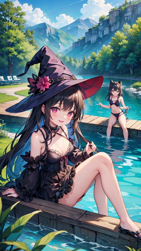 6 years old、four beautiful girls、gothic、witch, happy smile、beautiful background, (river, swimming pool and fantasy), four girls,  while showing their  until  comes out