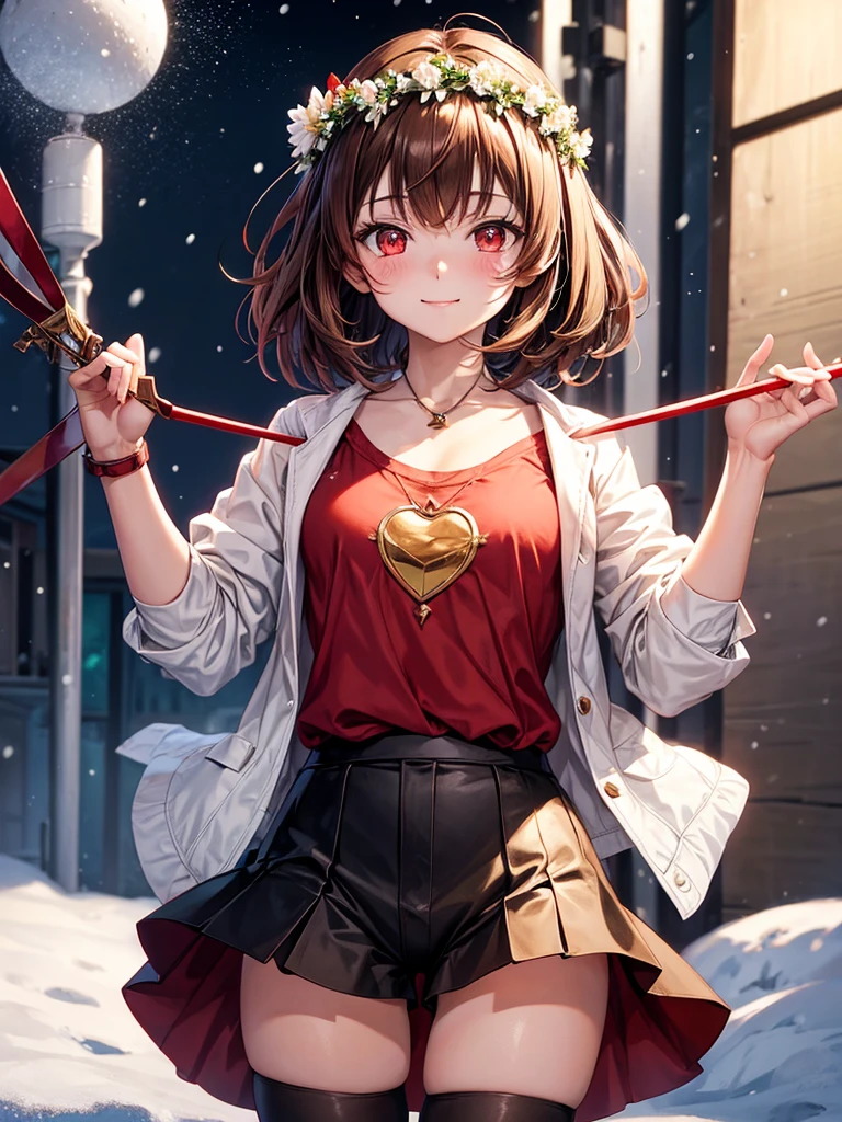 Anime, 1girl, brown hair, short hair, red eyes, red knife, white shirt, flower crown, brown shorts, red shoes, night, black tights leggings, golden heart locket, slight smile, snow, snowflakes, light blush, glowing eyes, green jacket,