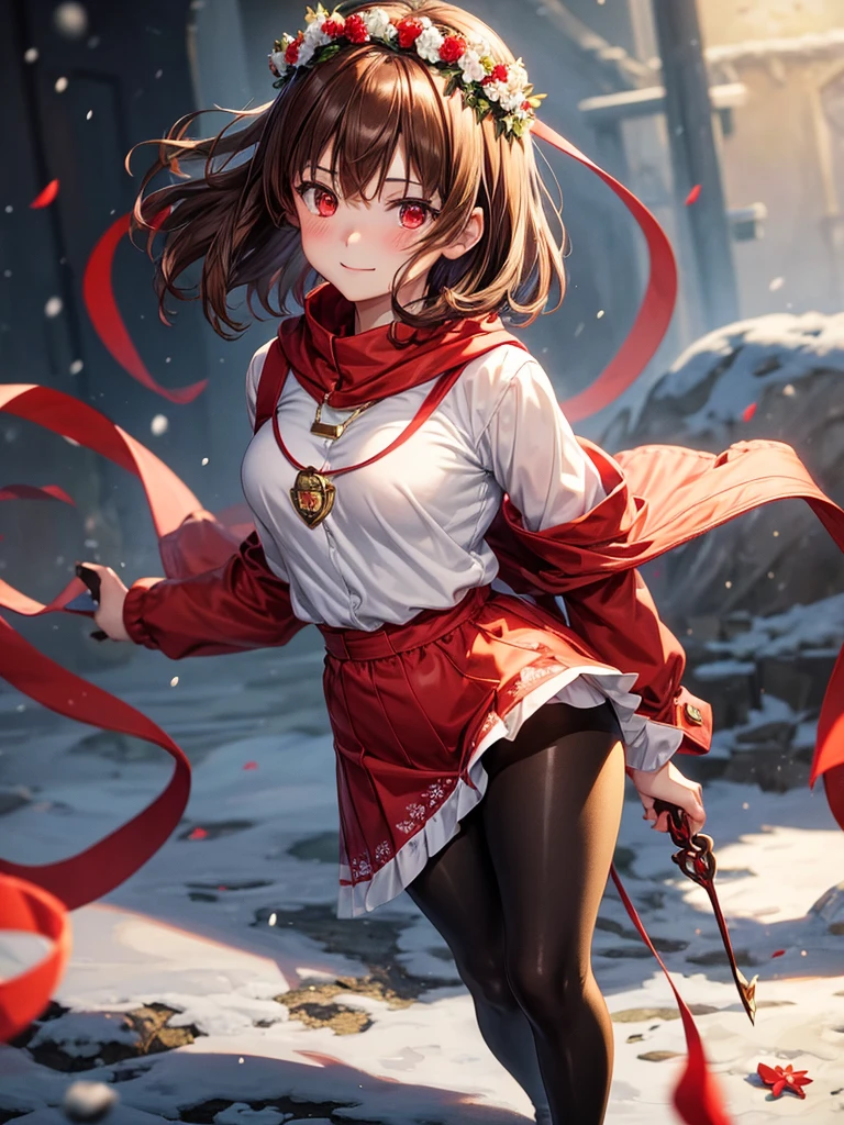 Anime, 1girl, brown hair, short hair, red eyes, red knife, white shirt, flower crown, brown shorts, red shoes, night, black tights leggings, golden heart locket, slight smile, snow, snowflakes, light blush, glowing eyes, green jacket,