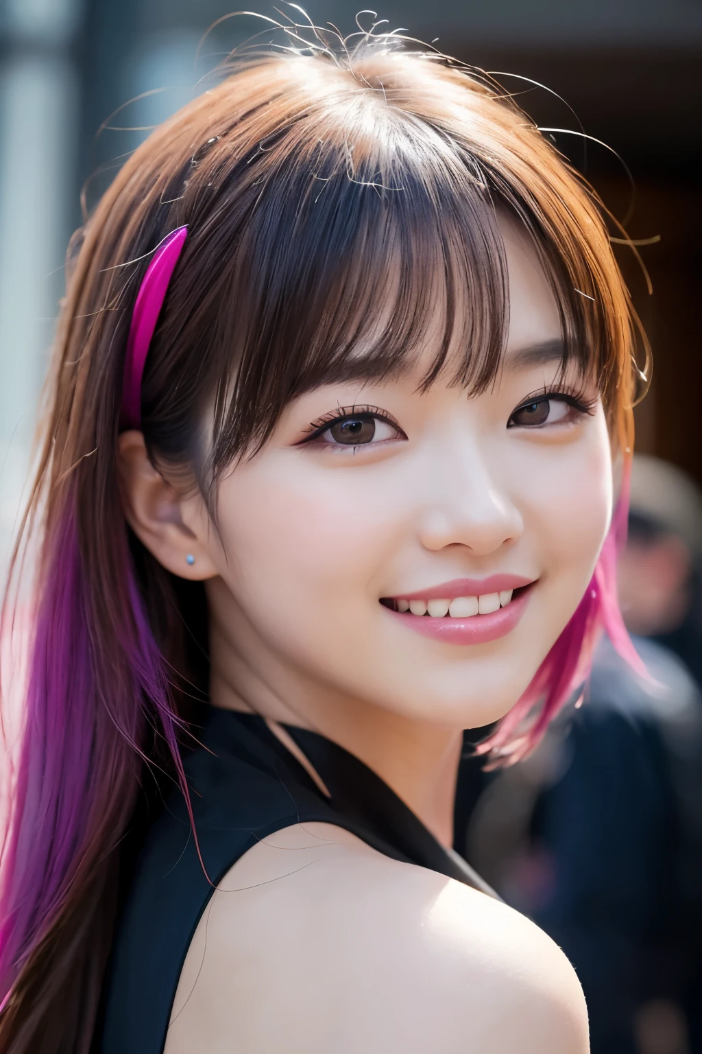 high quality, High resolution, masterpiece, completion, detailed.impressive, Cutting-edge female photography portraits, Showcasing a bold and daring street-art style. Facing forward、beautiful woman、smile、smile、cyan, and purple, Her vibrant makeup really catches the eye., Her colorful hair is tied up high, Blue and pink hues in harmony. 背景には蛍光クロムイエローand purpleの魅惑的なグラデーションが施されています, Blends seamlessly with the dynamic colors of your subject、This powerful combination of hyper-detailed realism and artistic expression creates a vivid,