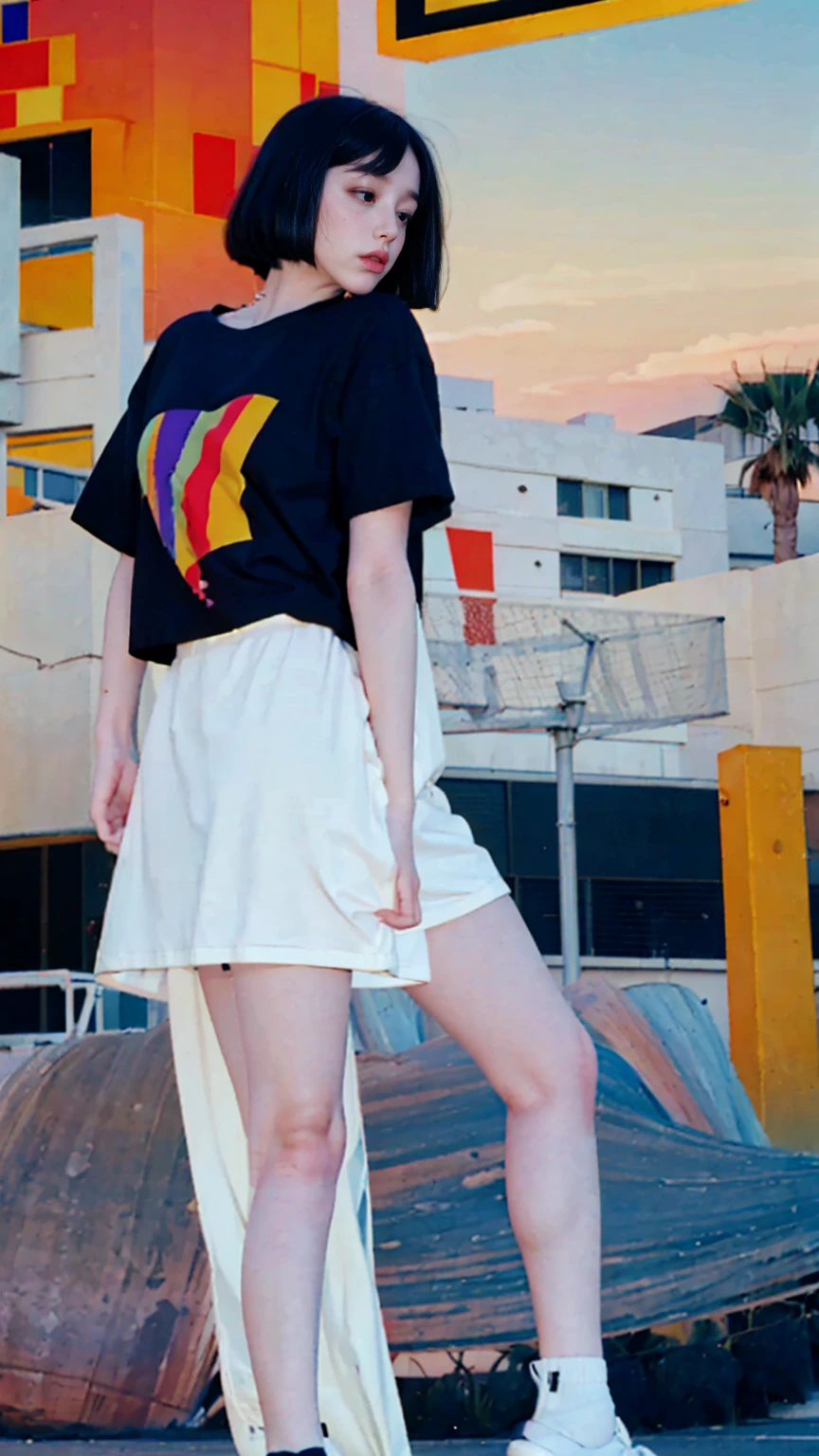 1 girl, beautiful, (black bob hair), almond eye, no makeup, olive skin white tshirt, ((oversize_tshirt)), peach tennis skirt in front of ((80's mondrian architecture colorful motel)),(from below:1.2), (realistic:1.1), (surreal:1.2), (very detailed:1.1), ((masterpiece)),summer, blue sky, palm trees,sunny, los angles vibes,