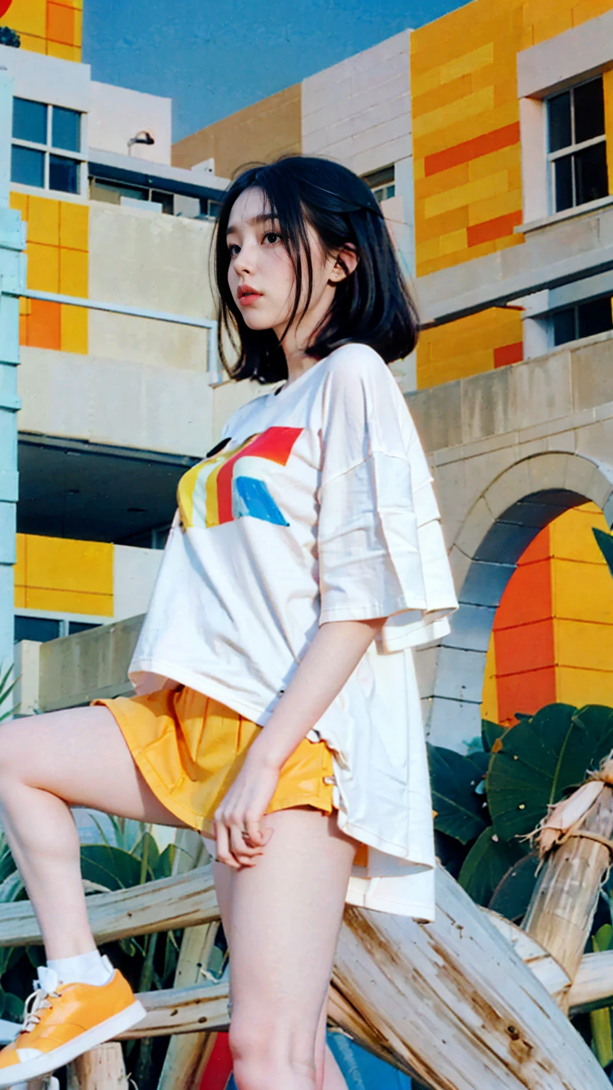 1 girl, beautiful, (black bob hair), almond eye, no makeup, olive skin white tshirt, ((oversize_tshirt)), peach tennis skirt in front of ((80's mondrian architecture colorful motel)),(from below:1.2), (realistic:1.1), (surreal:1.2), (very detailed:1.1), ((masterpiece)),summer, blue sky, palm trees,sunny, los angles vibes,