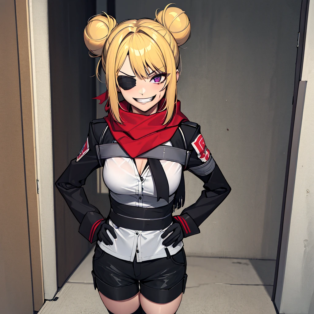 (absurdres, 8k, 4k, masterpiece, hyper extreme detailed:1.2), solo, 1girl, front view, perfect face, 1girl, portrait, looking at viewer, solo, standing, Female, toned body, mature female, medium breasts, pale, blonde hair, medium hair, sarcastic, delinquent, purple eyes, swept bangs, scars, casual wear, street wear, gross, messy, dirty, bloody, snarky, smirk, medium body, gyaru, crazy face, crazy smile, crazy eyes, hands on hips, shorts, wind, windy hair, moving hair, black ribbon, hair buns, adventurous, scarf, gloves, draping hair, eye patch, shirt,