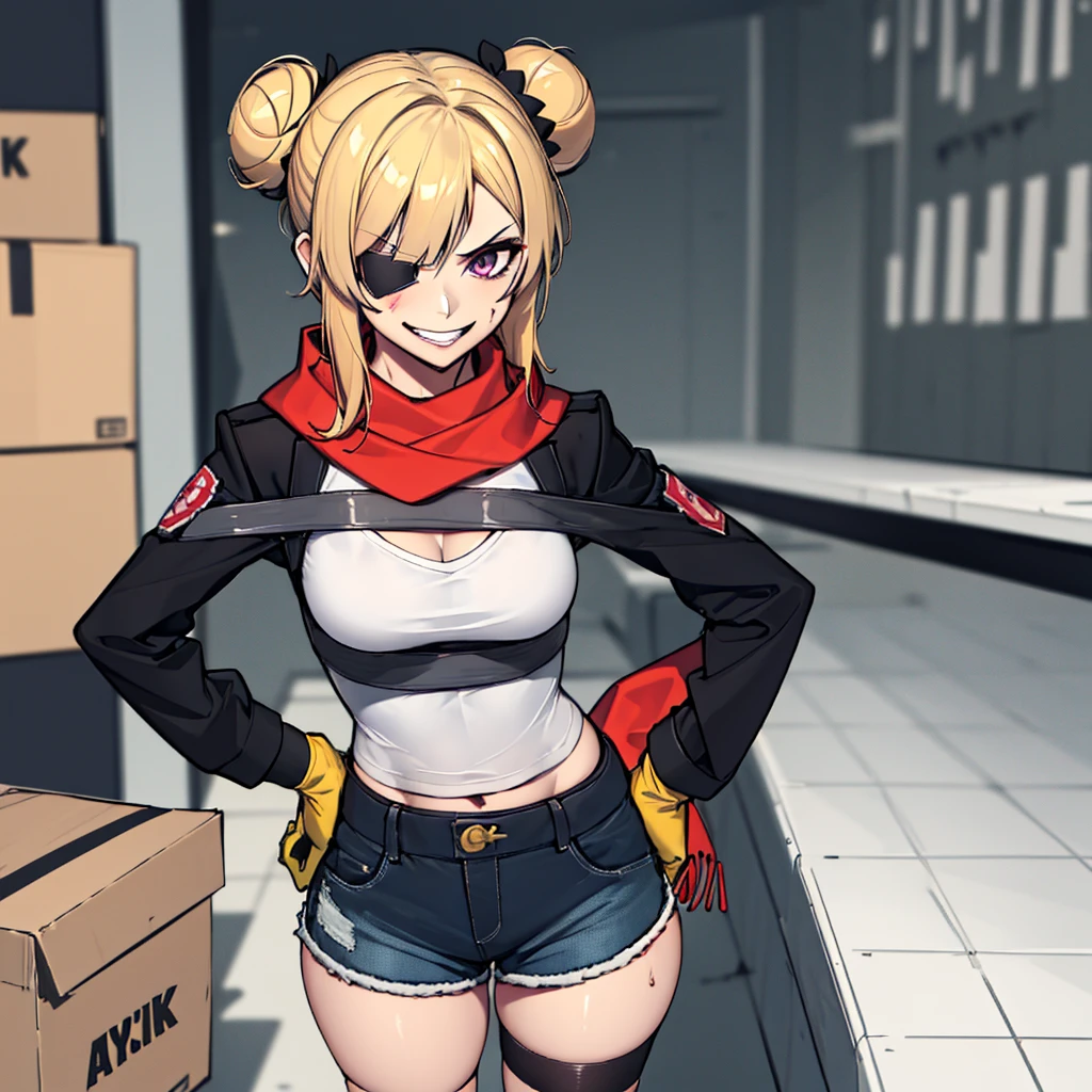 (absurdres, 8k, 4k, masterpiece, hyper extreme detailed:1.2), solo, 1girl, front view, perfect face, 1girl, portrait, looking at viewer, solo, standing, Female, toned body, mature female, medium breasts, pale, blonde hair, medium hair, sarcastic, delinquent, purple eyes, swept bangs, scars, casual wear, street wear, gross, messy, dirty, bloody, snarky, smirk, medium body, gyaru, crazy face, crazy smile, crazy eyes, hands on hips, shorts, wind, windy hair, moving hair, black ribbon, hair buns, adventurous, scarf, gloves, draping hair, eye patch, shirt,
