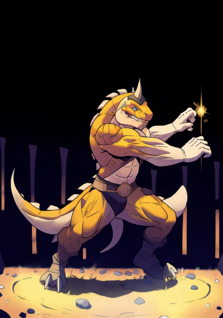 a reptilian with a fish-like helmet engaged in combat in an arena