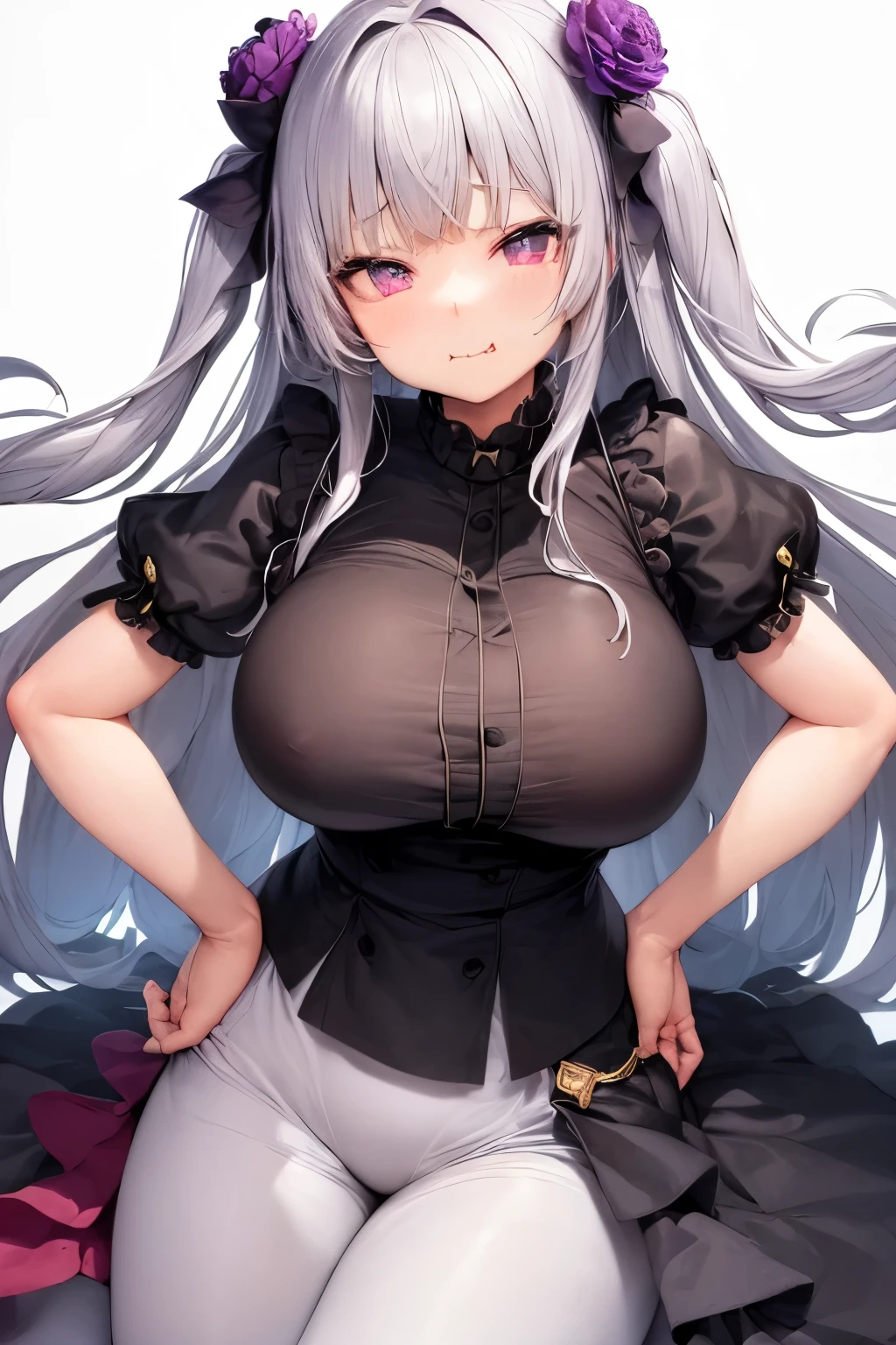 (Mastepiece、Highest quality)、Upper Body、Watching the audience、1girl、kashino、hair_flower_nffsw、Half-closed eyes、Purple eyes、Self-righteousness、:3、Mouth open、Big 、(はち切れんばかりのBig :1.2)、White shirt with buttons、 Put your hands on your 、Arms at your sides、White background、 Plump and big body、 My  button looks like it's going to explode