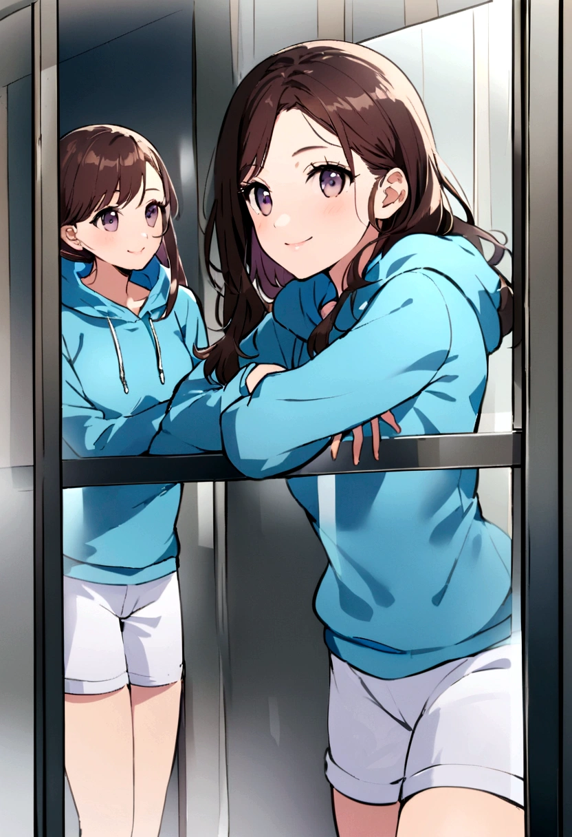 A teenage girl looks out from the concrete siding, smiling. She's wearing a blue hoodie and white shorts. The background is glass, and her reflection is in the glass. She has her arms resting on the glass railing. The atmosphere of a nine-story luxury condo.
