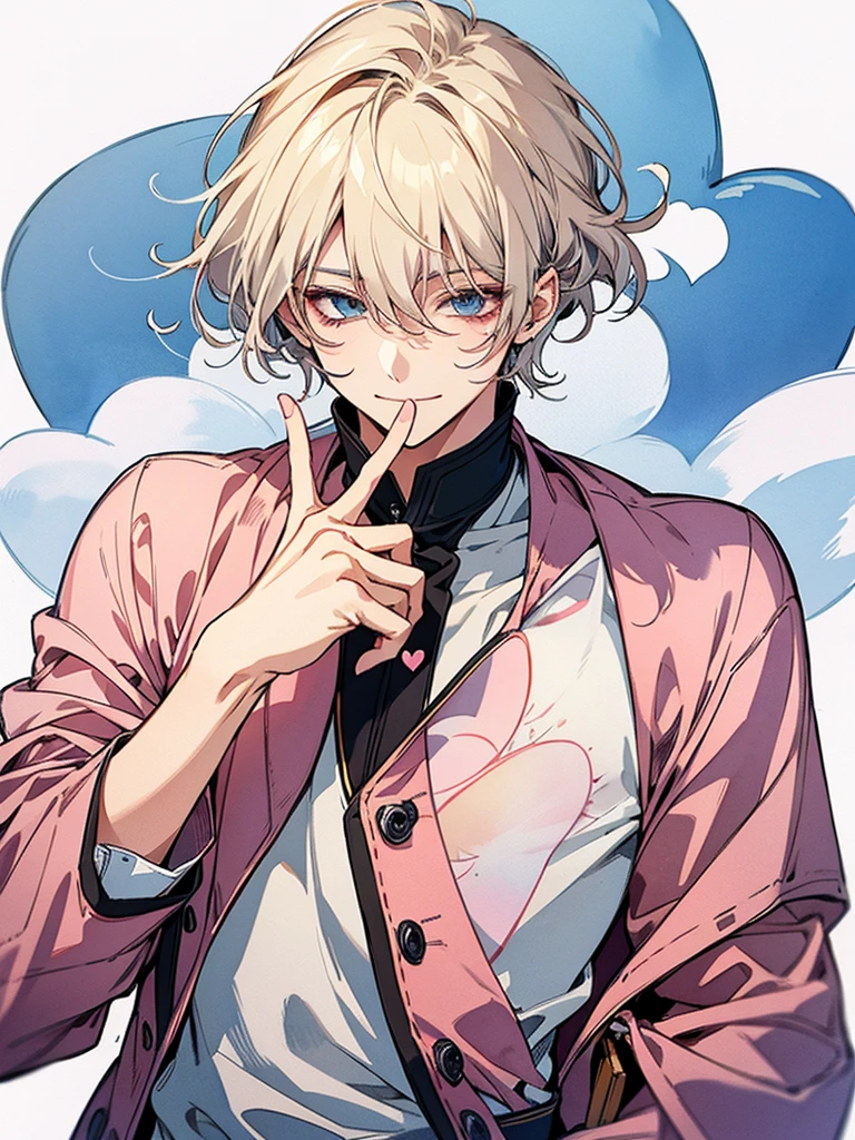 clear line drawing, transparent watercolor, clear shading, beautiful young man, slim,finger heart, Fashionable everyday wear, convey love, inner strength, ❤️, loves it,high quality, Amount to draw, pixiv illustration,smile, {{{man make heart symbol with fingers,make heart symbol with index fingers and middle fingers}}},