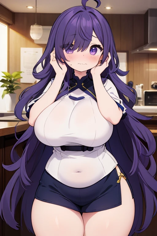 (masterpiece), (highest quality), ((Super detailed))、(super delicate)、Cute naughty Artificer mother、Pastel colors hair、(overwhelmingly huge breasts:1.2, Thighs:1.2, thick legs:1.2, curvy:1.2, towering stature:1.6, massive fat thick unnatural belly, Plump)、Gorgeous、purple eyes, (hair over one eyes:1.4, ahoge, messy hair:1.2, tired hair:1.2, flipped hair, very long hair, bags under eyes:1.3), black hair, (purple hair:1.1), (blush:1.2, emberrased:1.2, quiet personality:1.2, scared:1.2, looking away, wavy mouth), naked, hand over face
