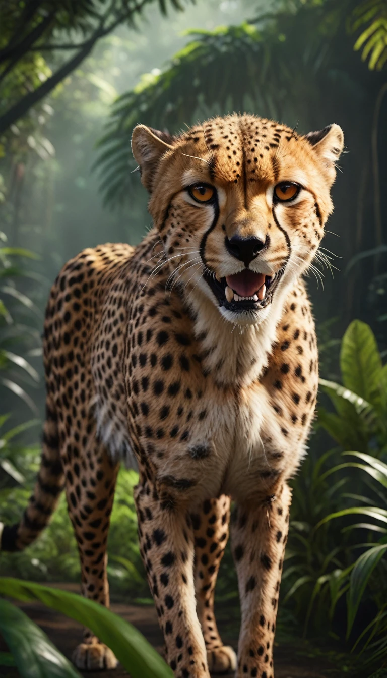 cheetah, a fast and murderous machine, hyper-realistic 8k, detailed fur texture, glowing eyes, sharp teeth, dynamic pose, powerful muscles, photorealistic, cinematic lighting, dramatic shadows, vibrant colors, nature environment, lush jungle, depth of field, masterpiece, dystiopan thriller