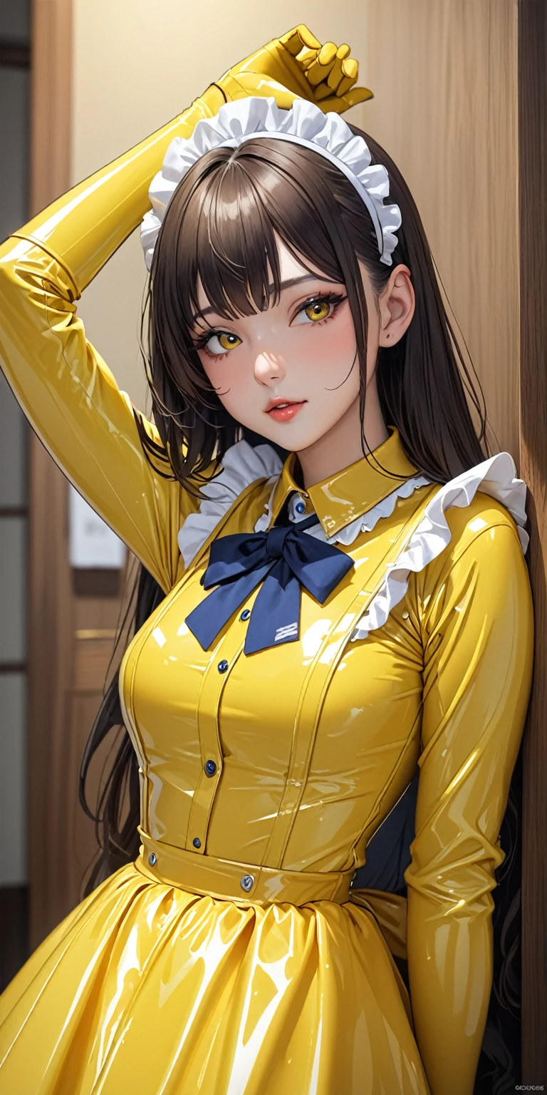 Portrait、(masterpiece,Highest quality,Ultra-high resolution),Japanese women, (((Very beautiful 25 year old girl))),(Yellow latex maid outfit)、(Yellow latex long skirt)、(A yellow latex long-sleeved shirt covering the upper body)、Yellow latex long gloves、Yellow latex socks、Latex bodysuit、The clothes fit snugly to the body、Latex is very shiny、Dark Room、