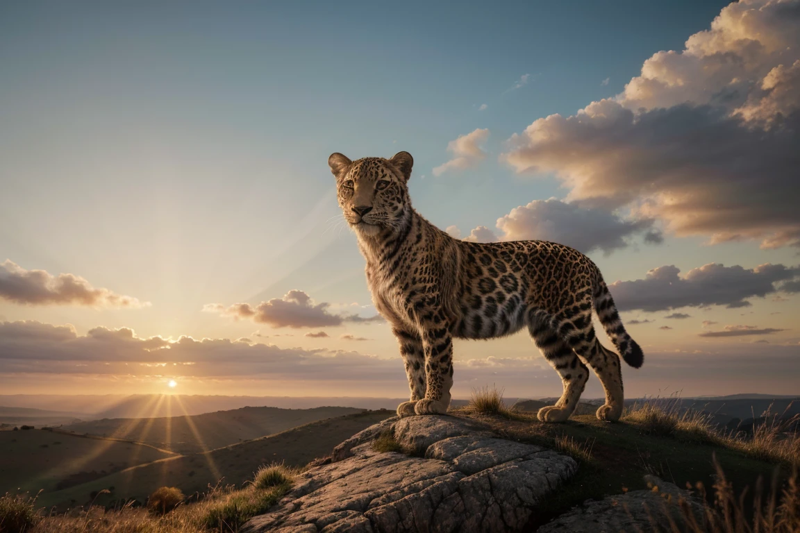 (best quality,4k,8k,highres,masterpiece:1.2),ultra-detailed,(realistic,photorealistic,photo-realistic:1.37),dawn,leopard perched on rugged cliff,overlooking vast grassland,dawn light casting long shadows,reflective eyes,soft sunlight,cinematic,illustration,high-definition,realistic fur texture,majestic,serene,ethereal,surreal,rich colors,warm tones,soft lighting