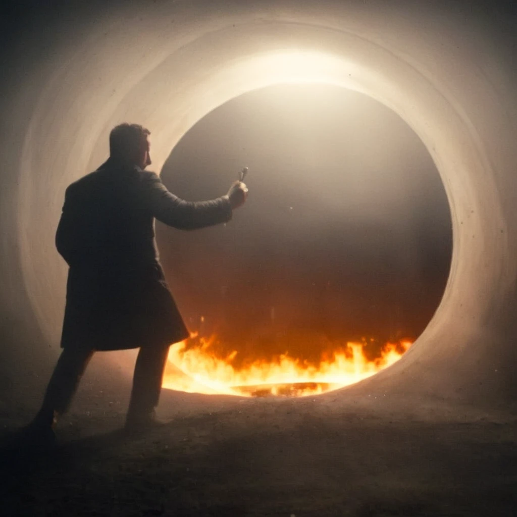 cinematic film still of  Best Cinematography a man is being sucked into a black hole circle in a dark messy room underground with sparks and dust particles and fire ring on Kodak Motion Picture Film Style, shallow depth of field, vignette, highly detailed, high budget, bokeh, cinemascope, moody, epic, gorgeous, film grain, grainy