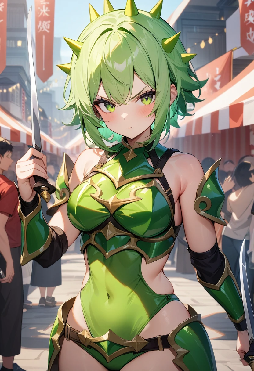 1girl, holding two blades, serious, green bikini armor, natural breasts, light-green hair, spiky hair, short hair, city festival, masterpiece quality, ultra HD, 4K, best quality,