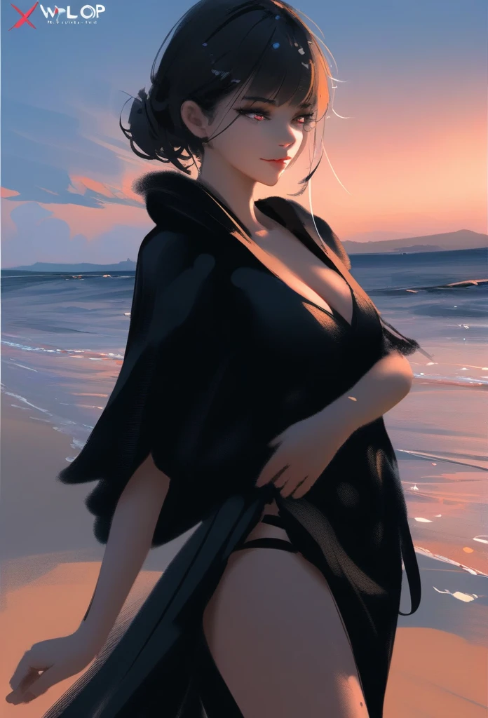 1girl, solo, wlop,
Black hair, gradient eyes, black cloak,  smile, 
beach, sunset, 
masterpiece, best quality,
