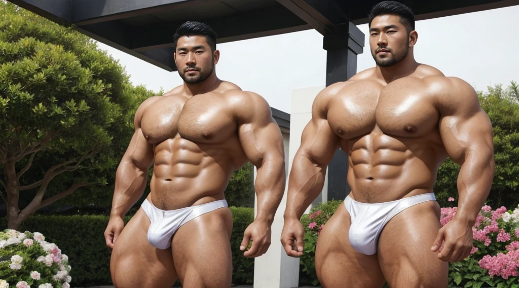 A handsome Asian actor，30 years old，Tall and handsome, Toned body，short hair, O-Shaped Beard，Perfect body, Dark skin，Glowing skin，Smooth skin，The body is hairless，Muscle bulge, Muscular, Very large pectoral muscles，Very sexy abdominal muscles，Very well-developed leg muscles，Huge concave and convex area，Brightens oily skin，Wearing a white leather shiny thong，Handsome face， Correct and accurate male body proportions, Stand among the flowers。