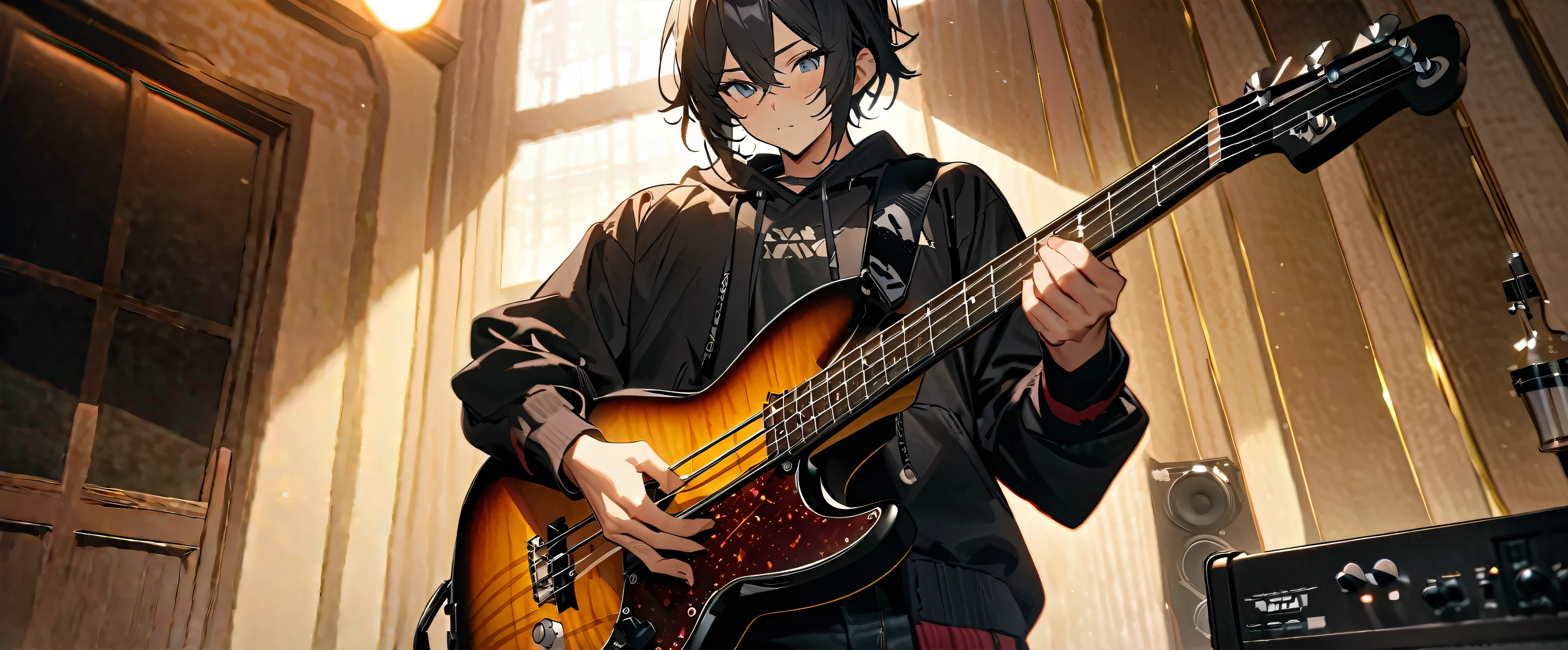 (((masterpiece,Highest quality))),(((Have a bass guitar黒髪の無造作な髪形と黒い目をしたトゲだらけでエナメルのヴィジュアル系の衣装を着たanimeキャラクターの男性))),((Wearing a small hat at an angle)),((Have a bass guitar)),(((Standing politely in a Western-style room with a bass guitar))),Focus on the upper body,(high quality),anime