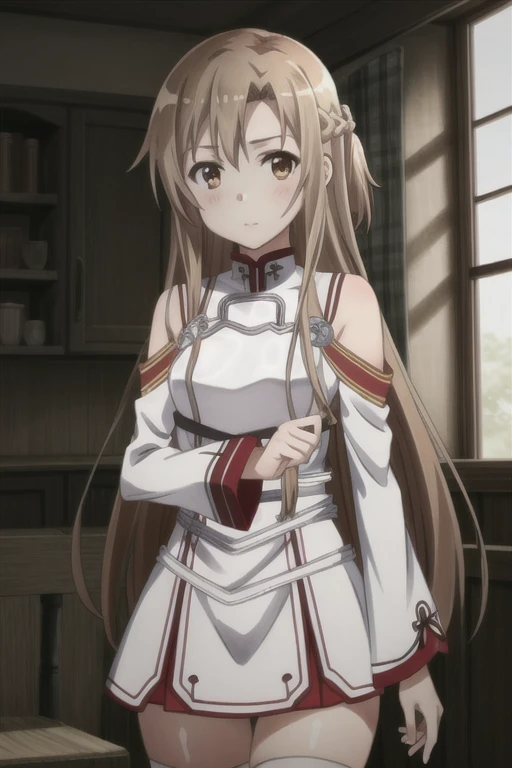 (masterpiece, best quality), intricate details,
1girl, yuuki asuna, kizukiai, brown hair, brown eyes, medium breasts, long hair, braid, kotbo, white gloves, white uniform, white boots, red skirt, red straps,