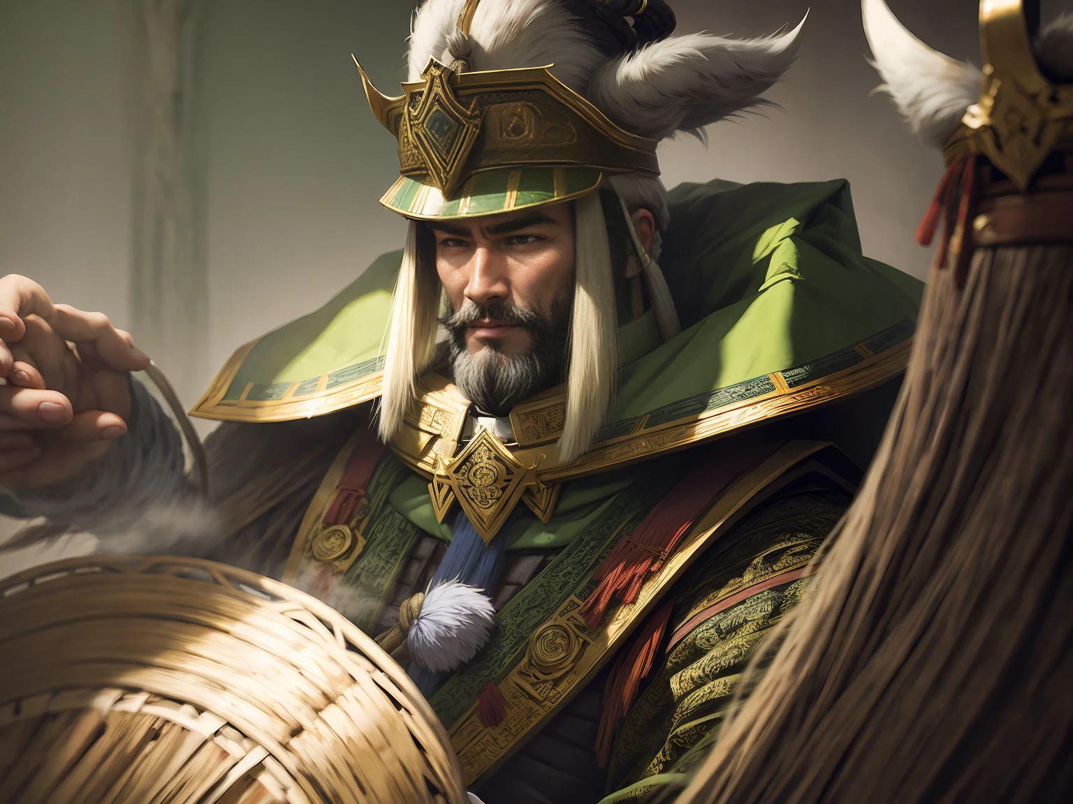 Full-length portrait of Chinese Liu Bei. His appearance is goat's beard, soft and charismatic. His topknot and light green armor unique to ancient China.