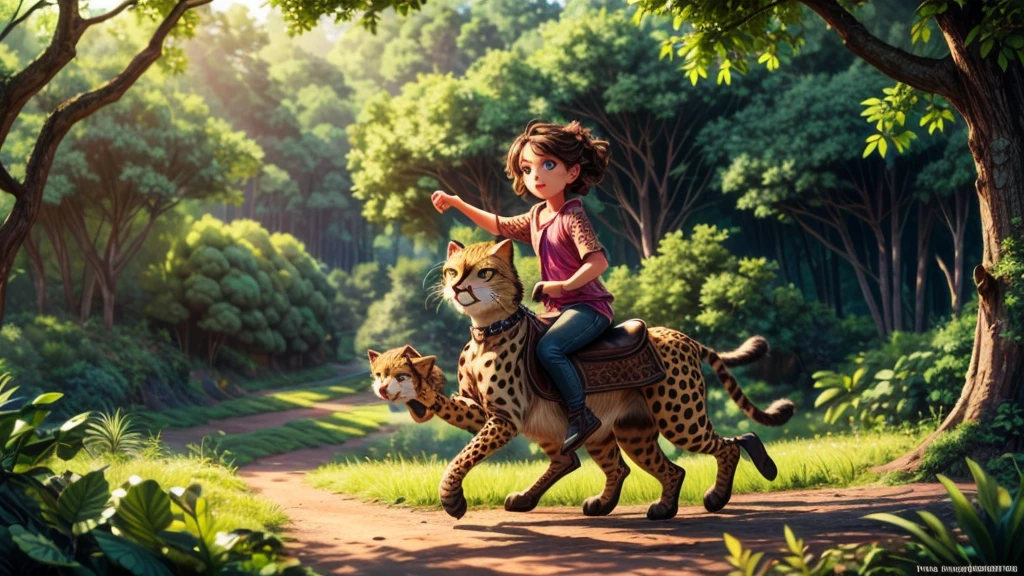 a young girl riding on a cheetah, beautiful detailed eyes, beautiful detailed lips, extremely detailed eyes and face, long eyelashes, beautiful girl, cheetah, nature landscape, forest, green foliage, sunlight, warm lighting, cinematic lighting, highly detailed, 8k, photorealistic, hyper realistic, masterpiece, award winning artwork, vibrant colors, stunning colors, highly detailed background