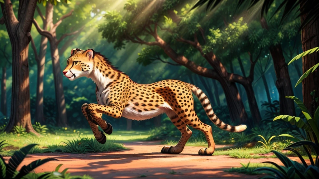 a young girl riding on a cheetah, beautiful detailed eyes, beautiful detailed lips, extremely detailed eyes and face, long eyelashes, beautiful girl, cheetah, nature landscape, forest, green foliage, sunlight, warm lighting, cinematic lighting, highly detailed, 8k, photorealistic, hyper realistic, masterpiece, award winning artwork, vibrant colors, stunning colors, highly detailed background