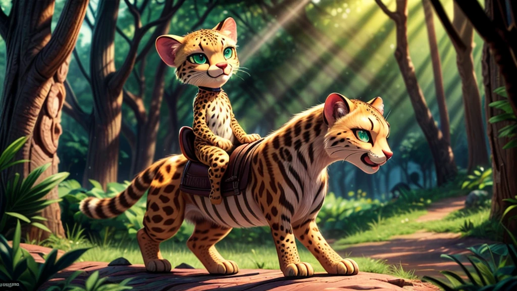a young girl riding on a cheetah, beautiful detailed eyes, beautiful detailed lips, extremely detailed eyes and face, long eyelashes, beautiful girl, cheetah, nature landscape, forest, green foliage, sunlight, warm lighting, cinematic lighting, highly detailed, 8k, photorealistic, hyper realistic, masterpiece, award winning artwork, vibrant colors, stunning colors, highly detailed background