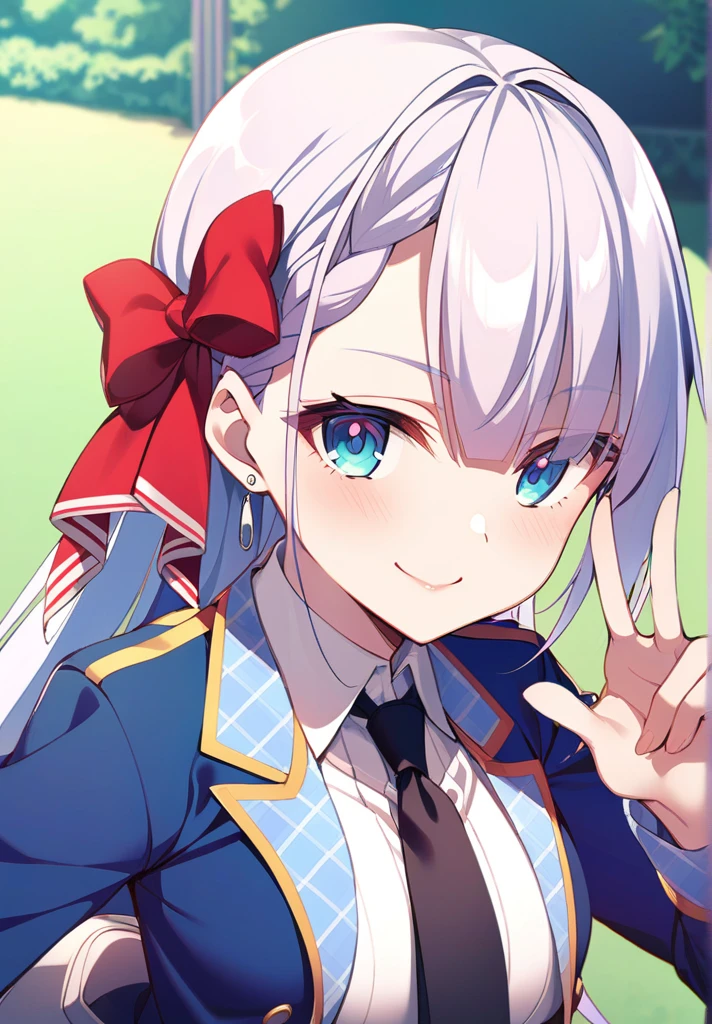 1girl, upper body, smile, standing, outdoors, background park, looking at viewer, riselia-cag, hair ribbon, red ribbon, long hair, white shirt, blue jacket, collared shirt, blue skirt, black necktie, , peace sign, V,