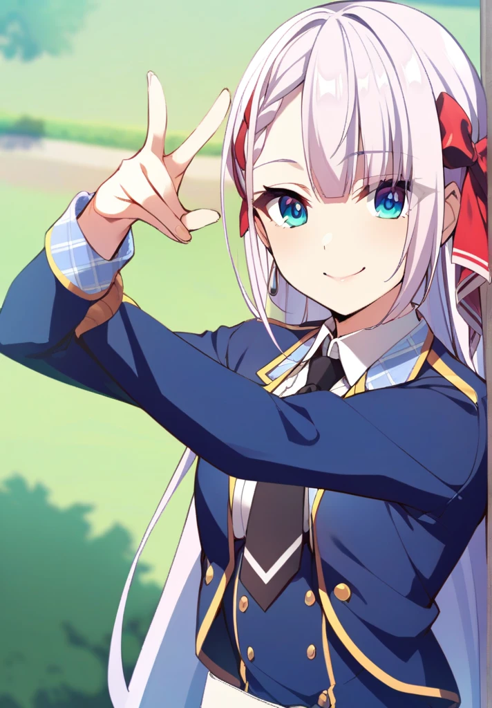 1girl, upper body, smile, standing, outdoors, background park, looking at viewer, riselia-cag, hair ribbon, red ribbon, long hair, white shirt, blue jacket, collared shirt, blue skirt,  black necktie, , peace sign, V, 