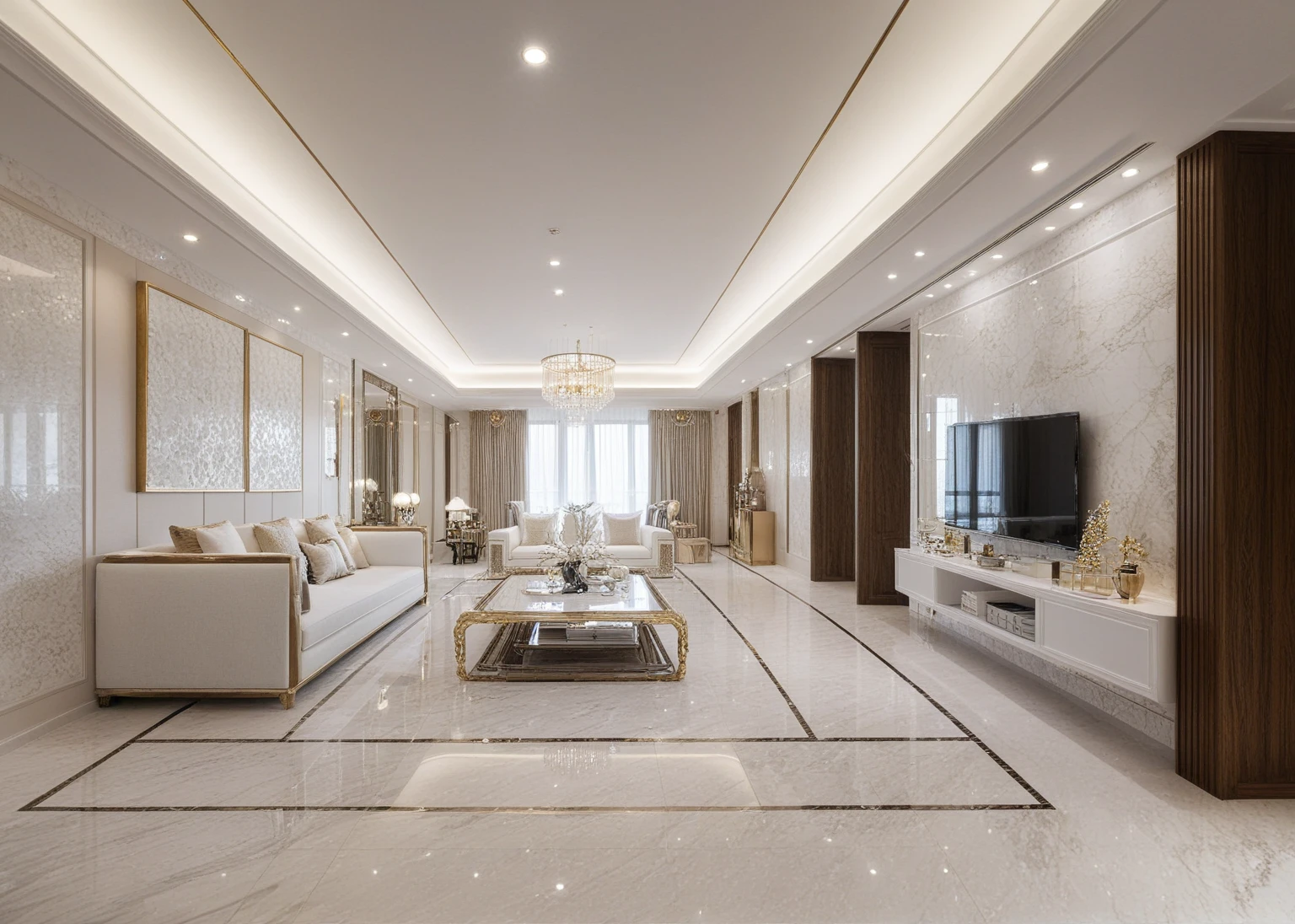 ,Masterpiece, Best quality,8K, Ultra-high resolution,When you step into the (living: 1.1) ,Immediately surrounded by a rich atmosphere of luxury. The space  was covered with a soft white fluffy blanket,It is so comfortable,So much so that you can't help but indulge in it。Embellished with precious porcelain and white-off gold ornaments。Whenever it is late afternoon,The afterglow from the window spilled on the floor,Soft light and shadow are reflected,It was as if entering a dreamland. ((Wooden chair and table : 1.3)), ((COLUMN MIRROR : 1.3))