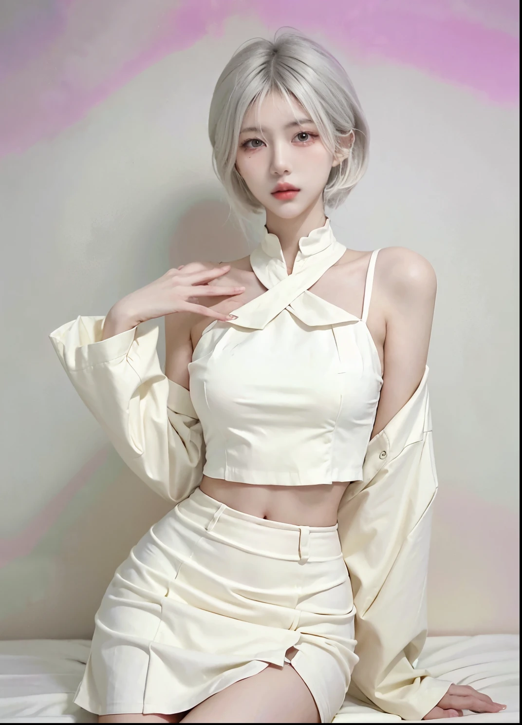 Beautiful woman with perfect figure:1.4,Ultra-high resolution,White background,(Realism:1.4),Layered hairstyle,White skin,JK:1.5,Super short pleated skirt,whole body:1.4,Very delicate and skin texture,Double eyelids,Skin Whitening,Long hair,White hair