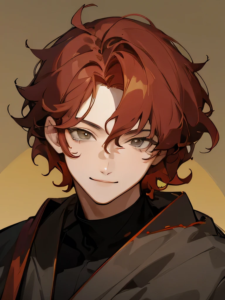 Man Messy red wavy short hair, stunning anime face portrait, looking to nothing, smile thinly, manly, bright warm GOLDEN YELLOW high detailed thin eyes, grayard grey background, high detailed shadow