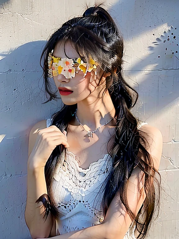 (Highly realistic photo, concentrated, high resolution, detailed face, detailed hair, fine grain), (((Shot in front of a wall))), (Flower blindfold), Top quality, (Summer day), Japanese women, 20 years old, simple necklace, ((Black luxury dress)), ((Light bangs, long straight hair, ponytail, black hair))