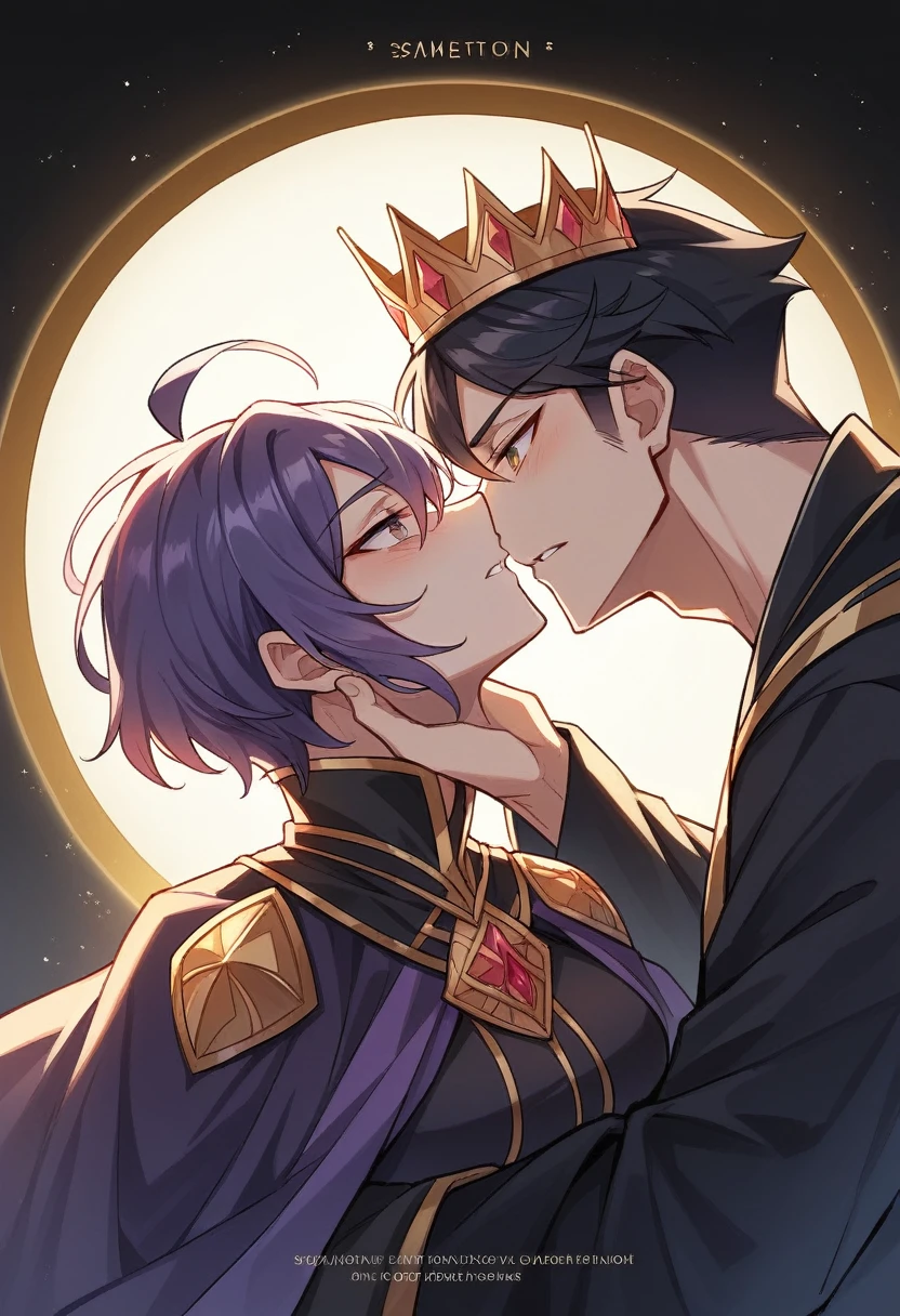 Background:

A dark, stormy night sky with swirling clouds and streaks of lightning.
Foreground:

Two central figures:
A crowned king, cloaked in a regal purple robe with gold trim. His face is obscured by shadows, but a hint of inner turmoil is suggested in his body language.
A sorcerer in waiting, dressed in flowing black robes with intricate silver embroidery that hints at their magical abilities. Their face is also partially obscured by shadows, but their eyes glow with a forbidden desire.
Text:

The title, "Tempestuous" in a bold, gold, embossed font. The lettering should be large and dramatic, reflecting the story's intensity.
Overall Tone:

The cover should be visually striking and capture the dark, passionate, and forbidden nature of the story's central romance.
While the theme is dark, ensure the use of contrasting colors (gold text on dark background) makes it easy to rea