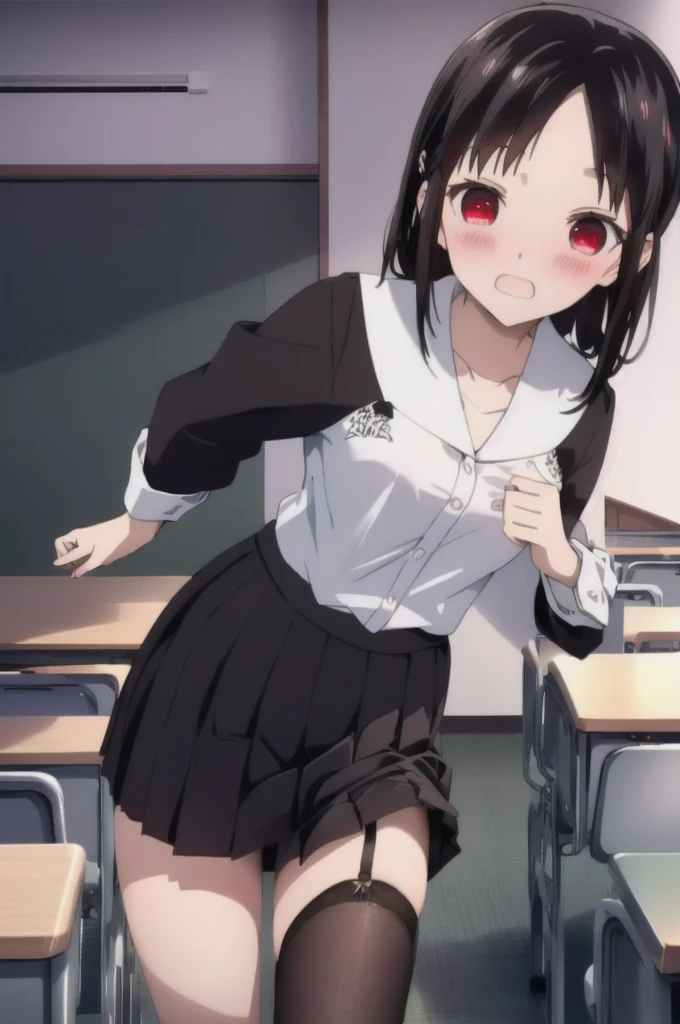 Red Eyes、、Black Hair、Pull up your skirt、high school girl、Japanese 、classroom、Pull up your skirt、Showing panties、Showing panties、Blushing、Blushing、Embarrassed、Glamorous expression