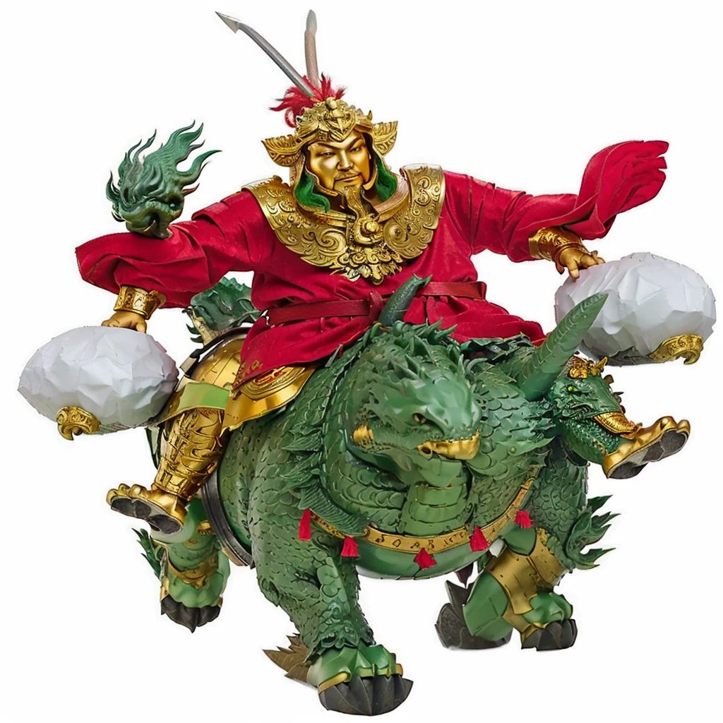 an ancient young Chinese warrior, with gold armour, a red robe outside of the armour, 2 hands holding the stick of silver melon hammer, riding on a fat green dragon head. Green Unicorn, no beard, red ribbon below chin,