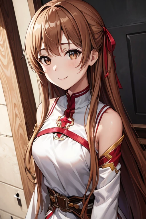 (masterpiece, best quality:1.2), expressive eyes, perfect face, highres, 1girl, solo, ddasuna, long hair, brown hair, hair ribbon, brown eyes, bare shoulders, white armor, armored dress, detached sleeves, white gloves, white thighhighs, smiling, standing, upper body, looking at the viewer