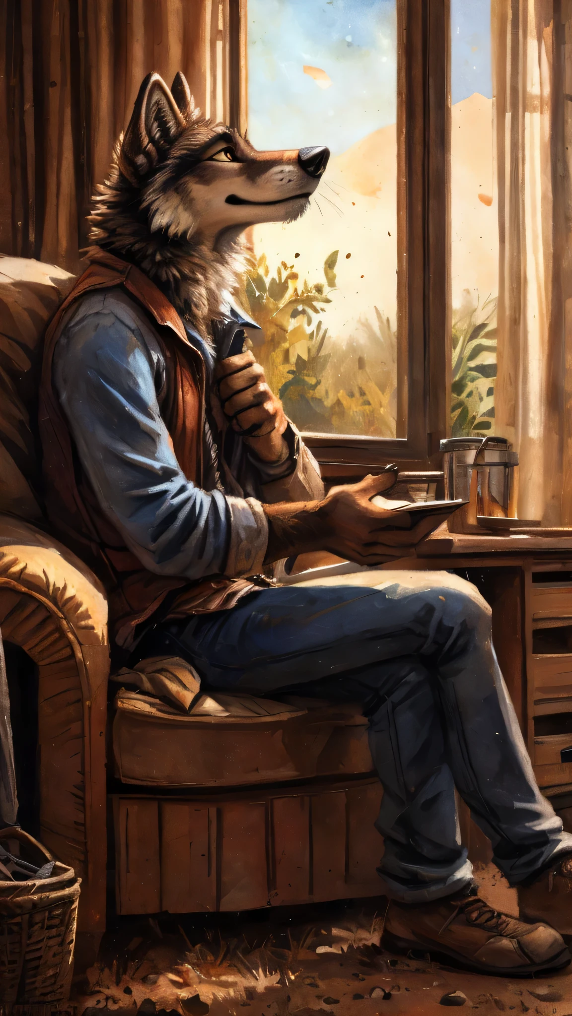 anthro wolf watching tv,by kenket,side view