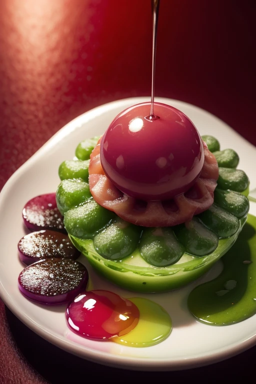 a molecular cuisine dish with spherification with the colors pink and green in its composition