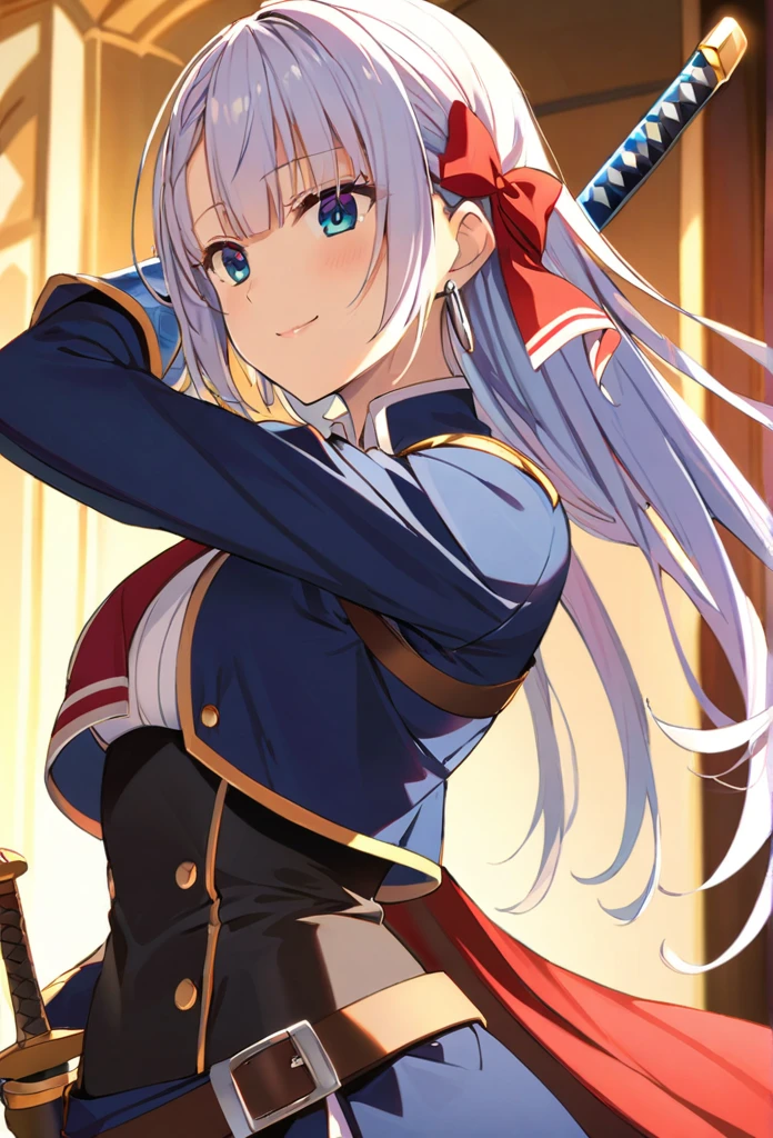 alone, 1 Girl, riselia-cag, salary, keep, arms, Focus on women, sword, Cape, armor, Lambent Light, Handguard, sheath, armor, full armor, A soft smile, (((masterpiece))), ((Highest quality)), ((Intricate details)) (8K)