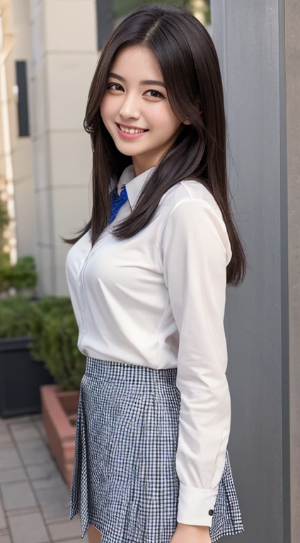 (8K、Raw photo、Highest quality、masterpiece:1.2)、(Realistic、Photorealistic:1.37)、Ultra-detailed、Ultra-high resolution、1 girl、Seeing the viewer、Beautifully detailed face、Laughter、narrow、(Slim waist) :1.3)、Beautifully detailed skin、Skin Texture、Black-haired、Professional Lighting、Human whole body、Long Hair、Japanese Height 、high school girl、Checkered uniform skirt、Bob Hair、University、Smile