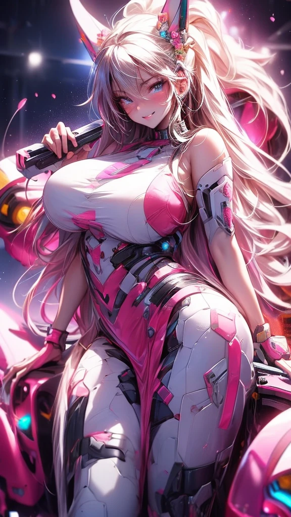 a pretty hungarian girl,big tits,rounded,with a t-string ,, smirk,long hair,messy,fluffy,in a neon disco club