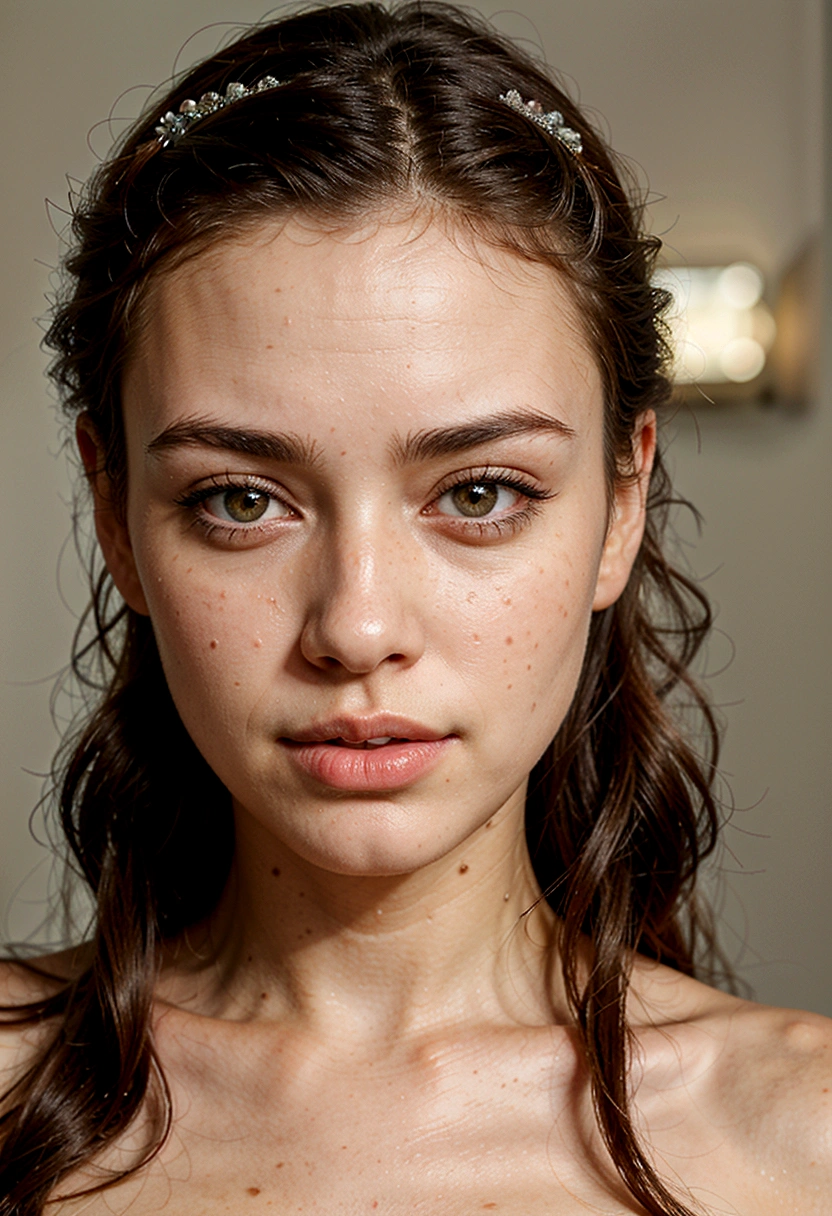 generate me a young woman with black hair ,realistic face, Almond eyes,bushy eyebrows,light brown eyes,fine nose,marked apples,thick lips , diamond shaped face with few freckles