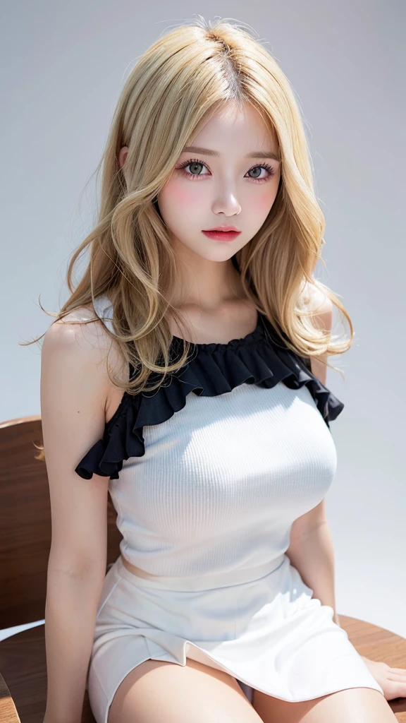 (((forehead、Blonde、Northern Europe、White people、beautiful girl、Blonde、White background、No sleeve、mini skirt)))、table top, highest quality, figure, super detailed, finely, High resolution, 8k wallpaper, Perfect dynamic composition, detailed and beautiful eyes, Deco out,bionde, medium hair, super ???????????, Natural color lip,white background, random cute poses,frill dress