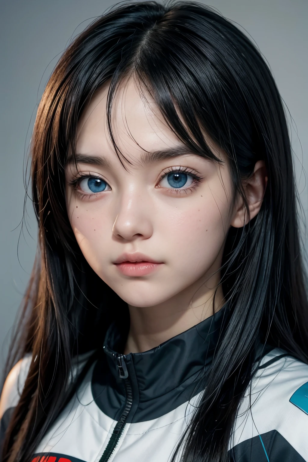 Boku no hero academia anime, My oc is a girl with long, straight black hair with black bangs.,light blue eyes, mole below left eye, with his UA suit, light skinned