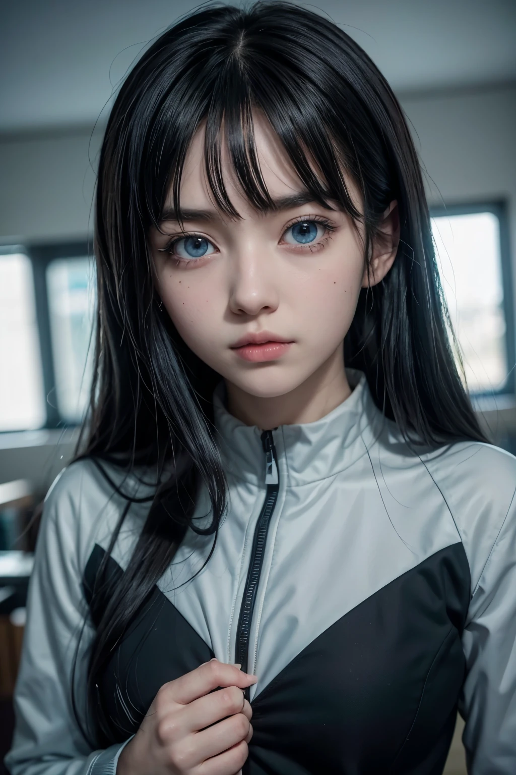 Boku no hero academia anime, My oc is a girl with long, straight black hair with black bangs.,light blue eyes, mole below left eye, with his UA suit, light skinned 