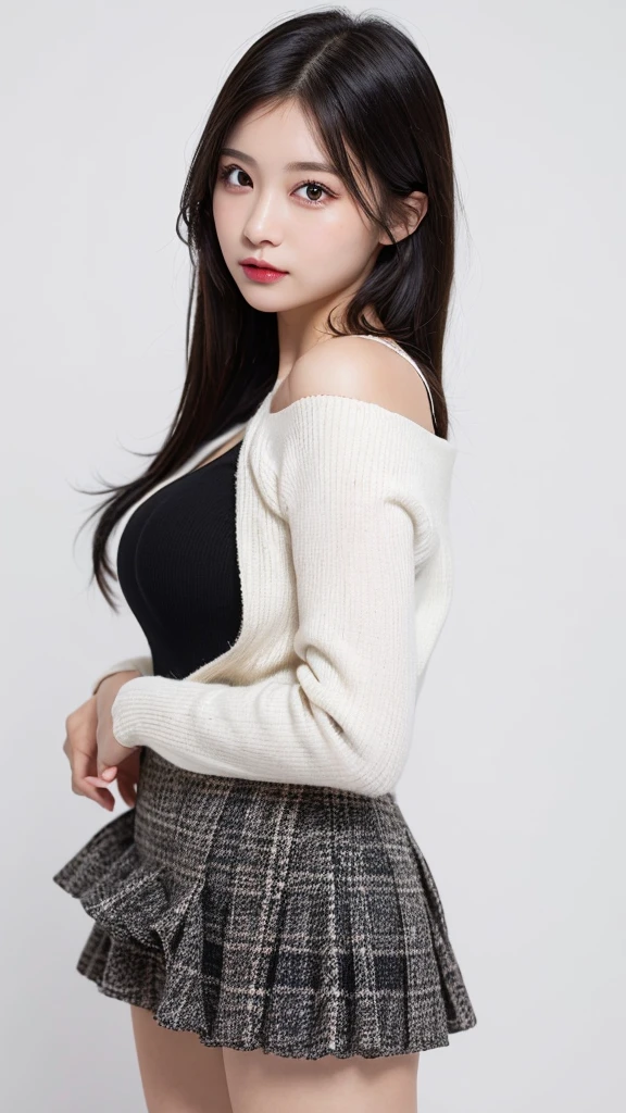(((forehead、Northern Europe、White people、beautiful girl、Black Hair、White background、No sleeve、mini skirt)))、table top, highest quality, figure, super detailed, finely, High resolution, 8k wallpaper, Perfect dynamic composition, detailed and beautiful eyes, Deco out,bionde, medium hair, super big breasts, Natural color lip,white background, random cute poses,frill dress