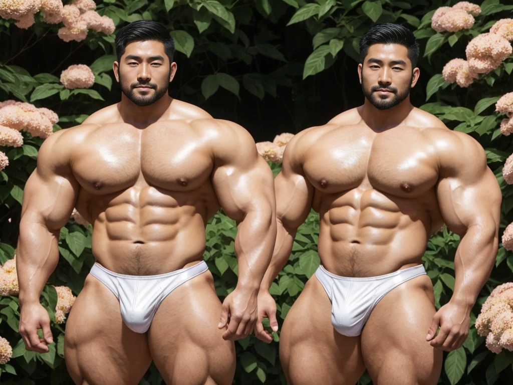 There is only one handsome Asian actor in the picture,30 years old,Tall and handsome, Toned body,short hair, O-Shaped Beard,Perfect body, Dark skin,Glowing skin,Smooth skin,The body is hairless,Muscle bulge, Muscular, Very large pectoral muscles,Very sexy abdominal muscles,Very well-developed leg muscles,Huge concave and convex area,Brightens oily skin,Wearing a white leather shiny thong,Handsome face, Correct and accurate male body proportions, Stand among the flowers。